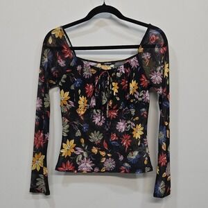 Ambiance Floral Mesh Top Medium Square Neck Whimsigoth Coquette Romantic Sheer